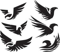 Black Silhouette solid vector set of icons like, eagle, bird, falcon, hawk, kite falcon, eagle emblem and so on.