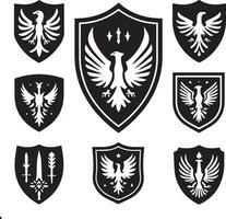 Black Silhouette solid vector set of icons like, eagle, bird, falcon, hawk, kite falcon, eagle emblem and so on.