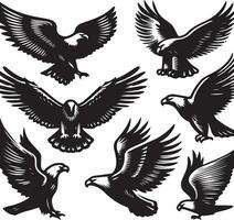 Black Silhouette solid vector set of icons like, eagle, bird, falcon, hawk, kite falcon, eagle emblem and so on.