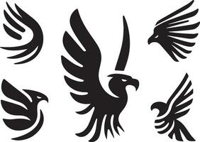 Black Silhouette solid vector set of icons like, eagle, bird, falcon, hawk, kite falcon, eagle emblem and so on.