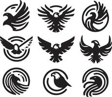 Black Silhouette solid vector set of icons like, eagle, bird, falcon, hawk, kite falcon, eagle emblem and so on.