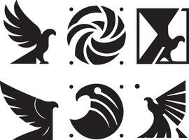 Black Silhouette solid vector set of icons like, eagle, bird, falcon, hawk, kite falcon, eagle emblem and so on.