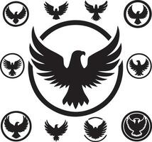 Black Silhouette solid vector set of icons like, eagle, bird, falcon, hawk, kite falcon, eagle emblem and so on.