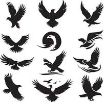 Black Silhouette solid vector set of icons like, eagle, bird, falcon, hawk, kite falcon, eagle emblem and so on.