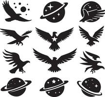 Black Silhouette solid vector set of icons like, eagle, bird, falcon, hawk, kite falcon, eagle emblem and so on.