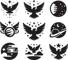 Black Silhouette solid vector set of icons like, eagle, bird, falcon, hawk, kite falcon, eagle emblem and so on.