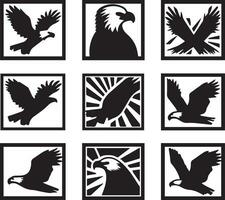 Black Silhouette solid vector set of icons like, eagle, bird, falcon, hawk, kite falcon, eagle emblem and so on.