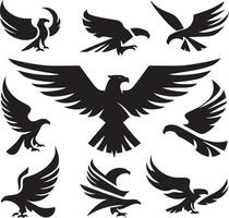 Black Silhouette solid vector set of icons like, eagle, bird, falcon, hawk, kite falcon, eagle emblem and so on.