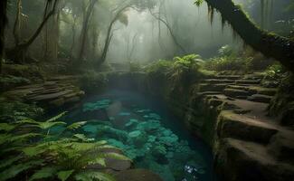 ai generado un hermosa selva con muchos tropical plantas. foto