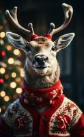 AI generated A cute smiling reindeer with Christmas sweater. photo