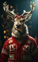 AI generated A cute smiling reindeer with Christmas sweater. photo