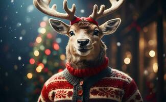 AI generated A cute smiling reindeer with Christmas sweater. photo