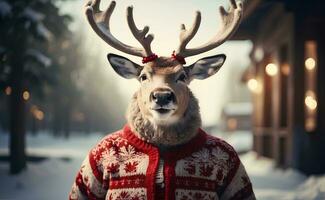 ai generado un linda sonriente reno con Navidad suéter. foto