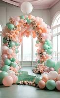 AI generated A room decorated with huge balloons arch. photo