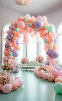 AI generated A room decorated with huge balloons arch. photo