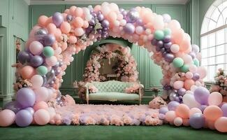 ai generado un habitación decorado con enorme globos arco. foto