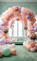 AI generated A room decorated with huge balloons arch. photo