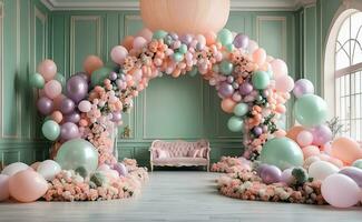 ai generado un habitación decorado con enorme globos arco. foto