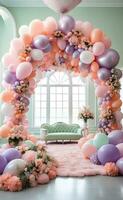 AI generated A room decorated with huge balloons arch. photo