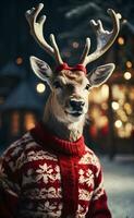 AI generated A cute smiling reindeer with Christmas sweater. photo