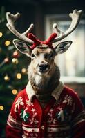 AI generated A cute smiling reindeer with Christmas sweater. photo