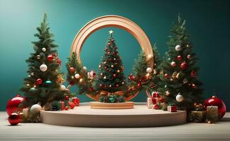 Luxury Merry Christmas product display podium with pine tree and decoration. photo