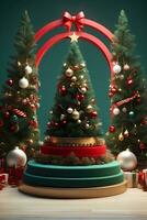 Luxury Merry Christmas product display podium with pine tree and decoration. photo
