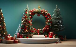 Luxury Merry Christmas product display podium with pine tree and decoration. photo