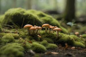 A mossy ground with tiny mushrooms in the background. photo