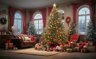 Christmas tree with many gifts and decoration. photo