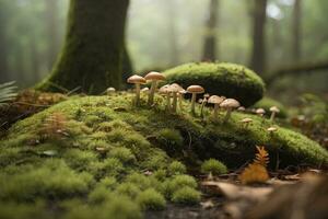 A mossy ground with tiny mushrooms in the background. photo
