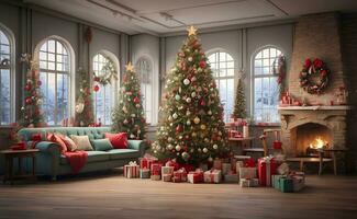 Christmas tree with many gifts and decoration. photo