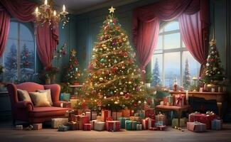 Christmas tree with many gifts and decoration. photo