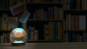 The Magic ball on wood table  in library 3d rendering. photo