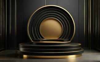 Luxury modern black and gold podium for product display presentation. photo