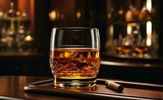 A glass of golden rum and cigar with luxury room background. photo