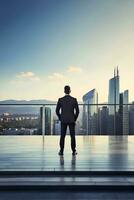 Businessman looking at city from the roof of a modern office building. photo