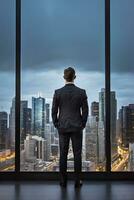 Businessman looking at city from the roof of a modern office building. photo