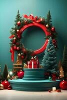 lujo alegre Navidad producto monitor podio con pino árbol y decoración. foto