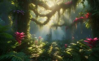 A mysterious forest with blooming outer space flowers. photo