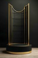 lujo moderno negro y oro podio para producto monitor presentación. foto