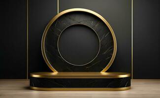 Luxury modern black and gold podium for product display presentation. photo