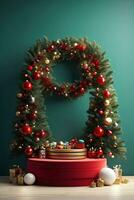 Luxury Merry Christmas product display podium with pine tree and decoration. photo