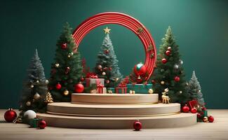 Luxury Merry Christmas product display podium with pine tree and decoration. photo