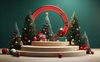 Luxury Merry Christmas product display podium with pine tree and decoration. photo