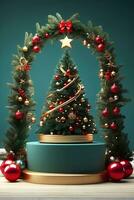 Luxury Merry Christmas product display podium with pine tree and decoration. photo