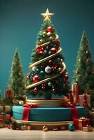 Luxury Merry Christmas product display podium with pine tree and decoration. photo