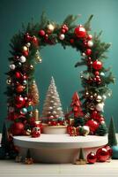 Luxury Merry Christmas product display podium with pine tree and decoration. photo