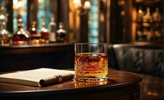 A glass of golden rum and cigar with luxury room background. photo