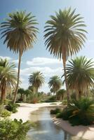 Beautiful oasis with tropical plants in desert. photo